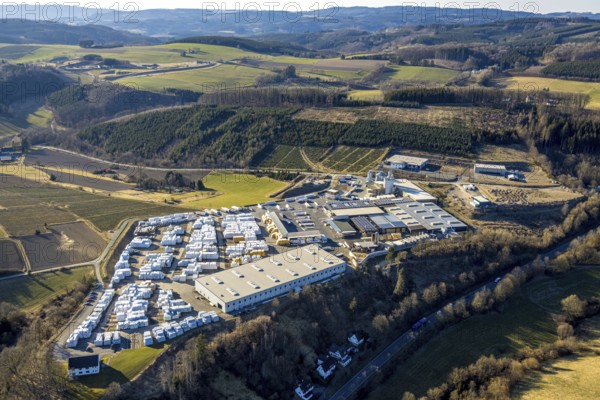 Aerial view, industrial area Sauerlandkaserne, drefi-holz warehouse and dispatch factory premises, Oedingen, Lennestadt, Sauerland, North Rhine-Westphalia, Germany, DE, Europe, commercial enterprises, commercial area, commercial property, commercial site, commercial use, industrial area, industrial site, aerial photograph, aerial photography, aerial photography, overview, bird's eye view, birds-eyes view, overview