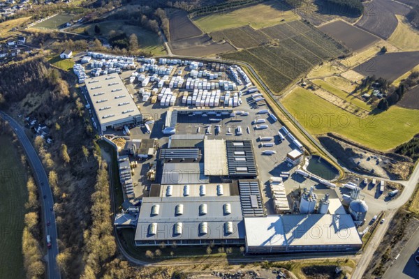 Aerial view, industrial area Sauerlandkaserne, drefi-holz warehouse and dispatch factory premises, Oedingen, Lennestadt, Sauerland, North Rhine-Westphalia, Germany, DE, Europe, commercial enterprises, commercial area, commercial property, commercial site, commercial use, industrial area, industrial site, aerial photograph, aerial photography, aerial photography, overview, bird's eye view, birds-eyes view, overview