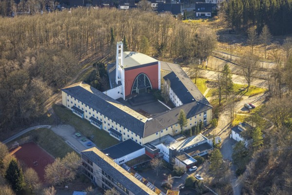Aerial view, monastery church, Gymnasium Maria Königin, Altenhundem, Lennestadt, Sauerland, North Rhine-Westphalia, Germany, place of worship, DE, Europe, religious community, place of worship, holy place, church, parish, denomination, aerial photograph, aerial photography, aerial photography, religion, religious site, overview, bird's-eye view, bird's-eye view, overview