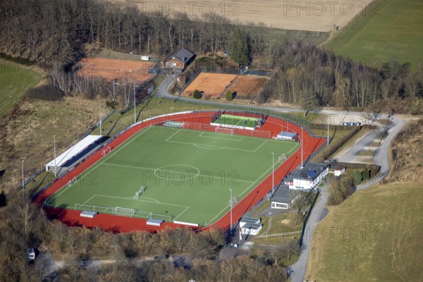 Aerial view, Stadion an der Habuche, football stadium and athletics stadium RW Lennstadt, tennis courts TC Grevenbrück, Grevenbrück, Lennestadt, Sauerland, North Rhine-Westphalia, Germany, DE, Europe, football pitch, football stadium, football club, athletics stadium, aerial view, aerial photography, aerial photography, sports, sports facilities, sports field, sports facility, stadium, overview, bird's-eye view, overview