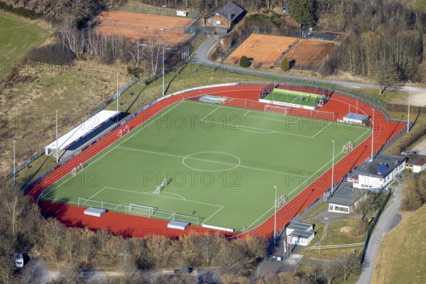 Aerial view, Stadion an der Habuche, football stadium and athletics stadium RW Lennstadt, tennis courts TC Grevenbrück, Grevenbrück, Lennestadt, Sauerland, North Rhine-Westphalia, Germany, DE, Europe, football pitch, football stadium, football club, athletics stadium, aerial view, aerial photography, aerial photography, sports, sports facilities, sports field, sports facility, stadium, overview, bird's-eye view, overview