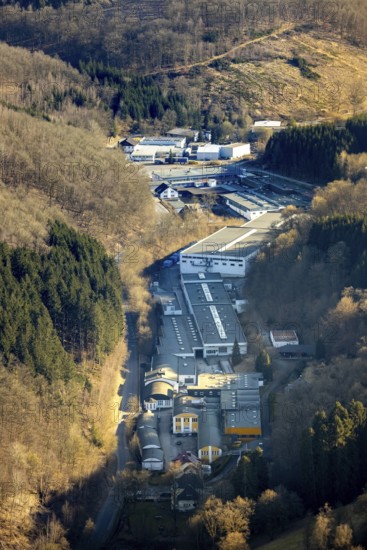 Aerial view, commercial area in the valley, Dr.-Paul-Müller-Straße, Grevenbrück, Lennestadt, Sauerland, North Rhine-Westphalia, Germany, DE, Europe, commercial enterprises, commercial area, commercial property, commercial site, commercial use, industrial site, aerial photograph, aerial photography, aerial photography, overview, bird's-eye view, birds-eyes view, overview
