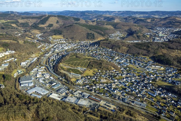 Aerial view, commercial area Zur Christinenhütte, residential area hilly landscape and forest area with forest damage, Bonzel, Lennestadt, Sauerland, North Rhine-Westphalia, Germany, DE, Europe, commercial enterprises, commercial area, commercial area, commercial property, commercial location, commercial use, property tax, real estate, industrial site, aerial view, aerial photography, aerial photography, overview, bird's-eye view, residential area, living and living, residential area, residential quality, residential neighbourhood, residential estate, residential district, birds-eyes view, overview