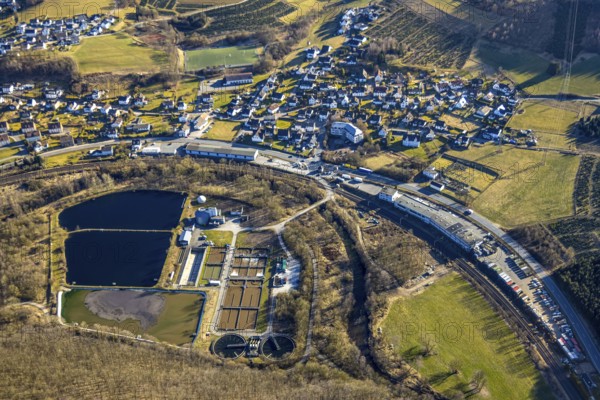 Aerial view, sewage treatment plant Maumke at the federal road B236, Bonzel, Lennestadt, Sauerland, North Rhine-Westphalia, Germany, DE, Europe, sewage treatment plant, aerial view, aerial photography, aerial photography, overview, bird's-eye view, overview