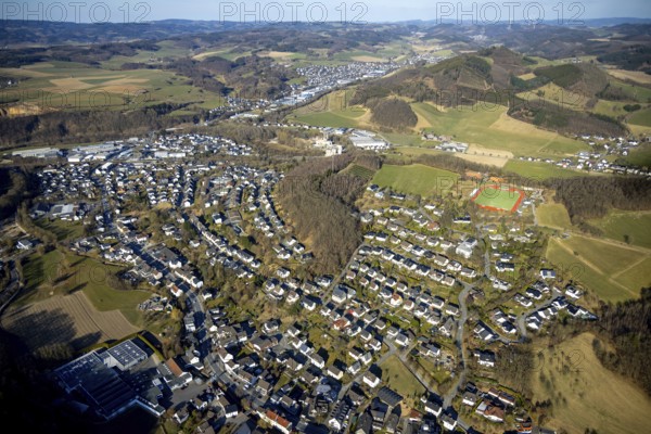 Aerial view, residential area, view of Grevenbrück district, forest area with forest damage and hilly landscape, Grevenbrück, Lennestadt, Sauerland, North Rhine-Westphalia, Germany, DE, Europe, property tax, real estate, aerial view, aerial photography, aerial photography, overview, bird's-eye view, residential complex, living and living, residential area, residential quality, residential neighbourhood, housing estate, residential district, birds-eyes view, overview