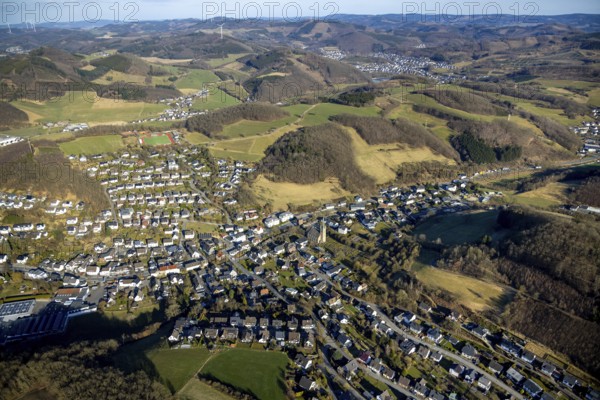 Aerial view, residential area, view of Grevenbrück district, forest area with forest damage and hilly landscape, Grevenbrück, Lennestadt, Sauerland, North Rhine-Westphalia, Germany, DE, Europe, property tax, real estate, aerial view, aerial photography, aerial photography, overview, bird's-eye view, residential complex, living and living, residential area, residential quality, residential neighbourhood, housing estate, residential district, birds-eyes view, overview