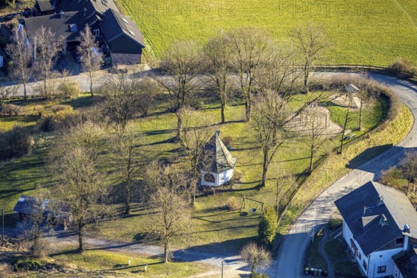 Aerial view, playground and St Mary's Chapel on the Kippel, Grevenbrück, Lennestadt, Sauerland, North Rhine-Westphalia, Germany, DE, Europe, chapel, church, aerial view, aerial photography, aerial photography, overview, bird's-eye view, overview