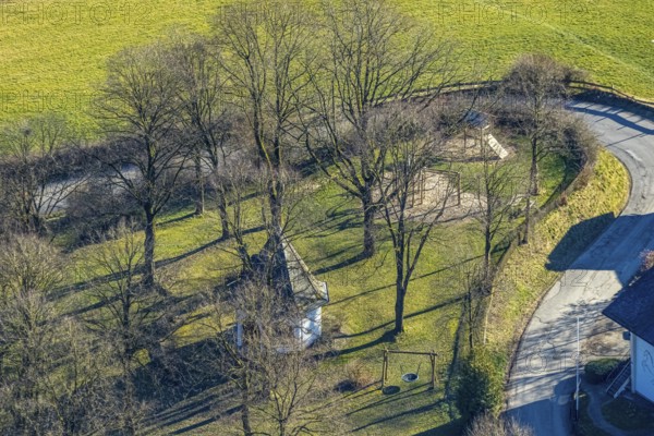 Aerial view, playground and St Mary's Chapel on the Kippel, Grevenbrück, Lennestadt, Sauerland, North Rhine-Westphalia, Germany, DE, Europe, chapel, church, aerial view, aerial photography, aerial photography, overview, bird's-eye view, overview