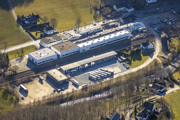 Aerial view, commercial area with Bender Armaturen GmbH, Theten, Lennestadt, Sauerland, North Rhine-Westphalia, Germany, DE, Europe, commercial enterprises, commercial area, commercial property, commercial site, commercial use, industrial site, aerial photograph, aerial photography, aerial photography, overview, bird's-eye view, overview