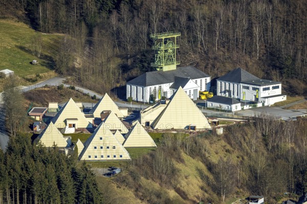 Aerial view, Galileo Park, Sauerland Pyramids, Mining Museum Siciliaschacht with winding tower, Meggen, Lennestadt, Sauerland, North Rhine-Westphalia, Germany, DE, Europe, aerial view, aerial photography, aerial photography, sight, tower, overview, bird's-eye view, overview