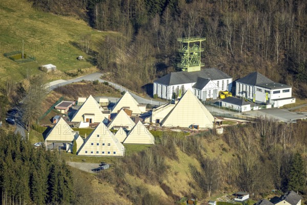 Aerial view, Galileo Park, Sauerland Pyramids, Mining Museum Siciliaschacht with winding tower, Meggen, Lennestadt, Sauerland, North Rhine-Westphalia, Germany, DE, Europe, aerial view, aerial photography, aerial photography, sight, tower, overview, bird's-eye view, overview