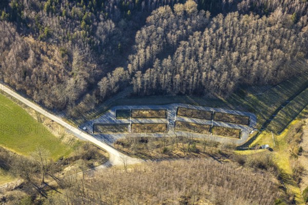 Aerial view, mega solar park planned on Hachen mud pond, meadows and fields with fallow land, Hachener Straße, Meggen, Lennestadt, Sauerland, North Rhine-Westphalia, Germany, DE, Europe, photovoltaic, aerial view, aerial photography, aerial photography, photovoltaic plant, solar plant, solar park, solar power plant, overview, bird's-eye view, bird's-eye view, overview