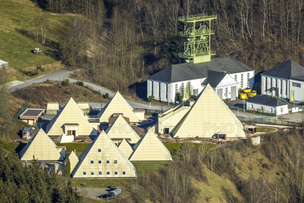 Aerial view, Galileo Park, Sauerland Pyramids, Mining Museum Siciliaschacht with winding tower, Meggen, Lennestadt, Sauerland, North Rhine-Westphalia, Germany, DE, Europe, aerial view, aerial photography, aerial photography, sight, tower, overview, bird's-eye view, overview