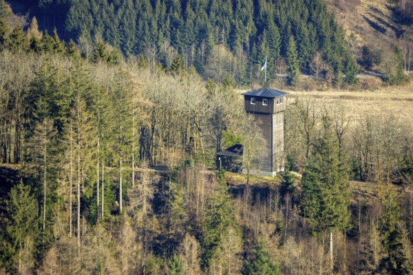 Aerial view, Wallburgturm auf dem Weilenscheid, wooden tower and observation tower, Elspe, Lennestadt, Sauerland, North Rhine-Westphalia, Germany, DE, Europe, aerial view, aerial photography, aerial photography, tower, overview, bird's-eye view, overview