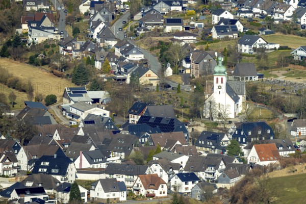 Aerial view, residential area and village view with catholic church St. Jakobus der Ältere in Elspe, Lennestadt, Sauerland, North Rhine-Westphalia, Germany, place of worship, DE, Europe, religious community, place of worship, property tax, holy site, real estate, church, parish, denomination, aerial view, aerial photography, aerial photography, religion, religious site, overview, bird's-eye view, residential area, living and life, residential area, residential quality, residential neighbourhood, housing estate, residential area, birds-eyes view, overview