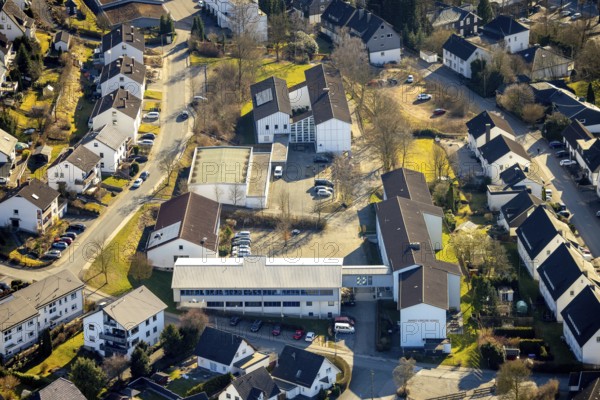 Aerial photo, Janusz-Korczak-Schule und Schwimmhalle, Grevenbrück, Lennestadt, Sauerland, North Rhine-Westphalia, Germany, education, educational institution, DE, Europe, educational institute, aerial photo, aerial photography, aerial photography, school, overview, bird's eye view, birds-eyes view, overview