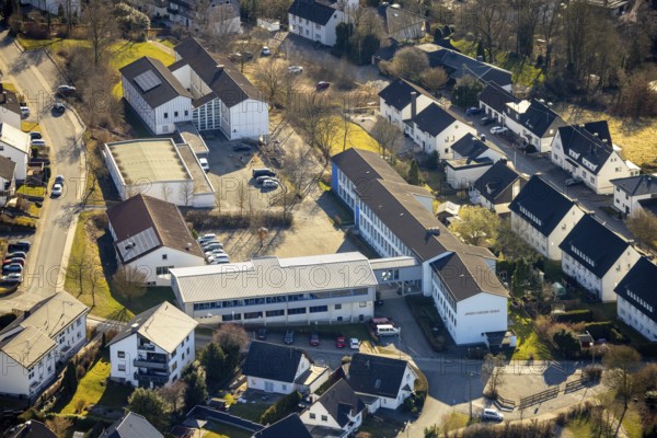 Aerial photo, Janusz-Korczak-Schule und Schwimmhalle, Grevenbrück, Lennestadt, Sauerland, North Rhine-Westphalia, Germany, education, educational institution, DE, Europe, educational institute, aerial photo, aerial photography, aerial photography, school, overview, bird's eye view, birds-eyes view, overview