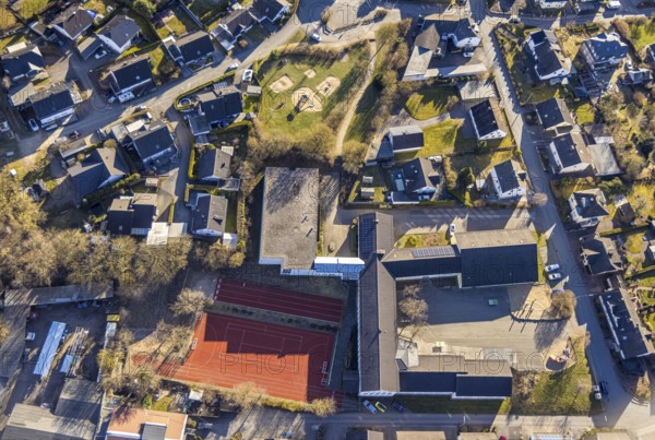 Aerial photo, Lessing Realschule Grevenbrück with sports field and playground, Grevenbrück, Lennestadt, Sauerland, North Rhine-Westphalia, Germany, education, educational institution, DE, Europe, educational institute, aerial photo, aerial photography, aerial photography, school, overview, bird's-eye view, birds-eyes view, overview