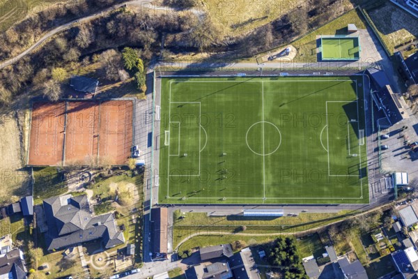 Aerial photo, football stadium sports field Elspe, tennis courts TC Elspe, Elspe, Lennestadt, Sauerland, North Rhine-Westphalia, Germany, DE, Europe, football field, football stadium, football club, aerial photo, aerial photography, aerial photography, sports, sports facilities, sports field, sports facility, stadium, tennis, tennis, tennis courts, overview, bird's-eye view, overview