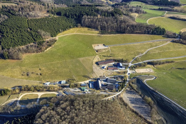 Aerial view, Icelandic horse stud Falkenegg, Richard Hufnagel, forest and hilly landscape, Melbecke, Lennestadt, Sauerland, North Rhine-Westphalia, Germany, DE, Europe, stud, aerial view, aerial photography, aerial photography, horses, equestrian sports, equestrian centre, equestrian sports, equestrian centre, riding stable, overview, bird's-eye view, overview
