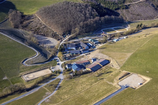 Aerial view, Icelandic horse stud Falkenegg, Richard Hufnagel, forest and hilly landscape, Melbecke, Lennestadt, Sauerland, North Rhine-Westphalia, Germany, DE, Europe, stud, aerial view, aerial photography, aerial photography, horses, equestrian sports, equestrian centre, equestrian sports, equestrian centre, riding stable, overview, bird's-eye view, overview