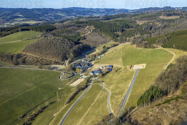 Aerial view, Icelandic horse stud Falkenegg, Richard Hufnagel, forest and hilly landscape, Melbecke, Lennestadt, Sauerland, North Rhine-Westphalia, Germany, DE, Europe, stud, aerial view, aerial photography, aerial photography, horses, equestrian sports, equestrian centre, equestrian sports, equestrian centre, riding stable, overview, bird's-eye view, overview