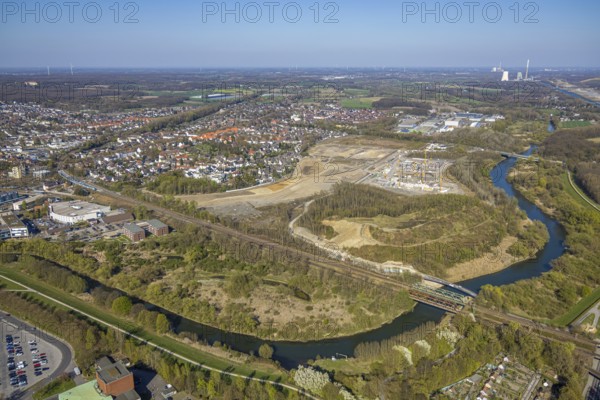 Aerial view, construction area Westfaliastraße, Alte Viktoriazeche and river Lippe, Lünen, Ruhr area, North Rhine-Westphalia, Germany, construction work, construction area, building site, building plots, construction project, construction site, DE, Europe, aerial view, aerial photography, aerial photography, Münsterland, overview, bird's eye view, birds-eyes view, overview