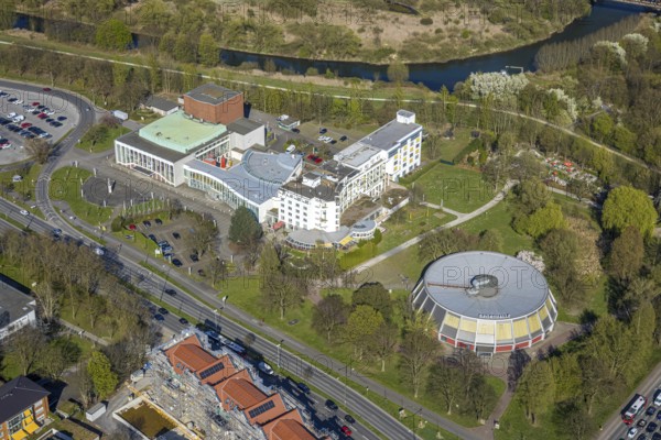 Aerial view, Heinz-Hilpert-Theater, Hansesaal, Ringhotel Am Stadtpark and Rundsporthalle, Lünen, Ruhr area, North Rhine-Westphalia, Germany, DE, Europe, events, culture, art, aerial photography, aerial photography, aerial photography, Münsterland, theatre, overview, events, venue, event location, event centre, bird's eye view, birds-eyes view, cultural use, overview