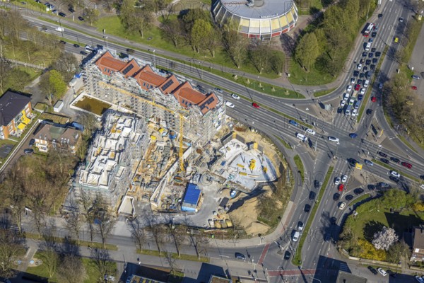 Aerial view, traffic junction construction site with new building Quartier Langestraße 100 between Lange Straße and Kurt-Schumacher-Straße, Lünen, Ruhr area, North Rhine-Westphalia, Germany, construction work, construction area, building site, building plots, construction project, construction site, DE, Europe, aerial view, aerial photography, aerial photography, Münsterland, overview, bird's-eye view, overview