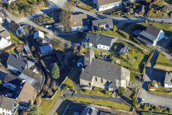Aerial view, catholic church St. Maria Immaculata, Oberelspe, Lennestadt, Sauerland, North Rhine-Westphalia, Germany, place of worship, DE, Europe, religious community, place of worship, holy place, church, parish, denomination, aerial photograph, aerial photography, aerial photography, religion, religious site, overview, bird's-eye view, birds-eyes view, overview