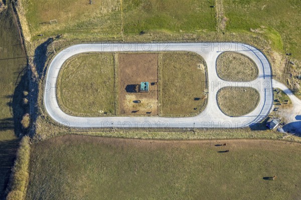 Aerial view, Quinkenhof riding centre, paddock in Melbecke, Lennestadt, Sauerland, North Rhine-Westphalia, Germany, DE, Europe, aerial view, aerial photography, aerial photography, horses, equestrian sport, riding centre, riding school, equestrian sport, riding centre, riding stable, overview, bird's-eye view, overview