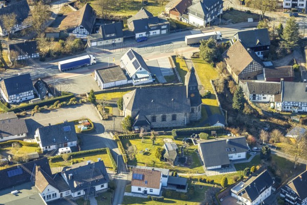 Aerial view, catholic church St. Maria Immaculata, Oberelspe, Lennestadt, Sauerland, North Rhine-Westphalia, Germany, place of worship, DE, Europe, religious community, place of worship, holy place, church, parish, denomination, aerial photograph, aerial photography, aerial photography, religion, religious site, overview, bird's-eye view, birds-eyes view, overview