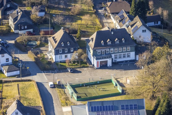 Aerial view, fire brigade fire brigade group Halberbracht and football pitch, Halberbracht, Lennestadt, Sauerland, North Rhine-Westphalia, Germany, DE, Europe, aerial view, aerial photography, aerial photography, overview, bird's-eye view, overview