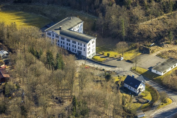 Aerial photo, Sachtleben Bergbau Verwaltungs-GmbH company headquarters, Meggen, Lennestadt, Sauerland, North Rhine-Westphalia, Germany, DE, Europe, commercial enterprises, commercial area, commercial property, commercial site, commercial use, industrial site, aerial photograph, aerial photography, aerial photography, overview, bird's-eye view, overview