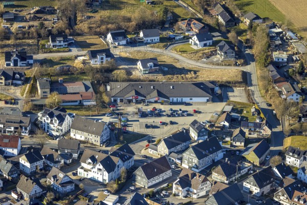Aerial view, Penny supermarket, Elspe, Lennestadt, Sauerland, North Rhine-Westphalia, Germany, DE, shopping centre, shopping markets, shopping place, shopping mall, Europe, aerial view, aerial photography, aerial photography, local supply centre, shopping centre, overview, bird's eye view, birds-eyes view, overview