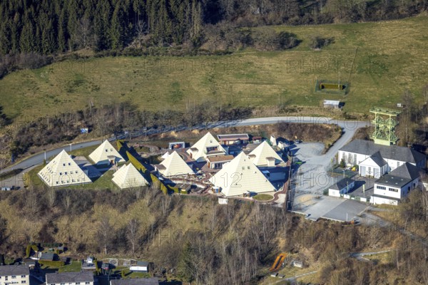 Aerial view, Galileo Park, Sauerland Pyramids, Mining Museum Siciliaschacht with winding tower, Meggen, Lennestadt, Sauerland, North Rhine-Westphalia, Germany, DE, Europe, aerial view, aerial photography, aerial photography, sight, tower, overview, bird's-eye view, overview