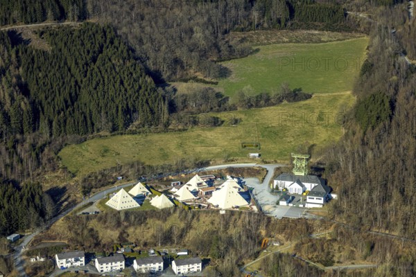Aerial view, Galileo Park, Sauerland Pyramids, Mining Museum Siciliaschacht with winding tower, Meggen, Lennestadt, Sauerland, North Rhine-Westphalia, Germany, DE, Europe, aerial view, aerial photography, aerial photography, sight, tower, overview, bird's-eye view, overview