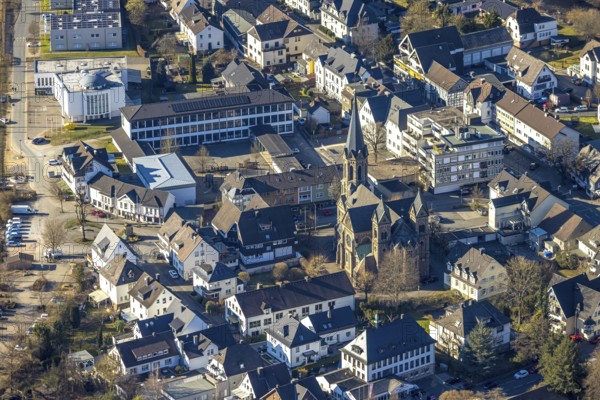 Aerial view, Church of St. Bartholomew and Franciscus School Primary School, Ditib Mosque, Meggen, Lennestadt, Sauerland, North Rhine-Westphalia, Germany, place of worship, education, educational institution, DE, Europe, religious community, place of worship, primary school, holy place, church, parish, denomination, educational institute, aerial view, aerial photography, aerial photography, religion, religious site, school, overview, bird's eye view, birds-eyes view, overview