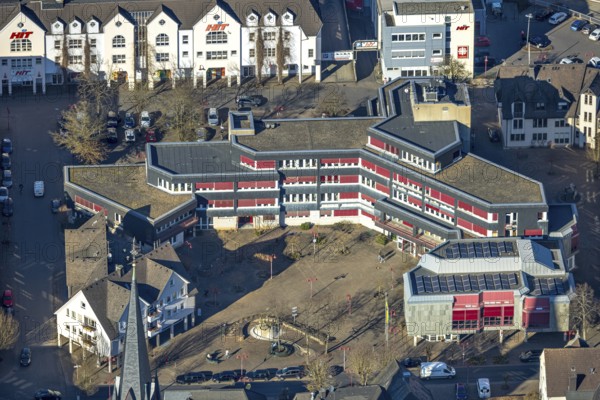 Aerial view, Lennestadt town hall and Thomas-Morus-Platz, spire of St. Agatha church, Altenhundem, Lennestadt, Sauerland, North Rhine-Westphalia, Germany, place of worship, authority, DE, Europe, religious community, place of worship, holy place, church, parish, denomination, aerial view, aerial photography, aerial photography, town hall, religion, religious site, city administration, overview, bird's eye view, birds-eyes view, overview