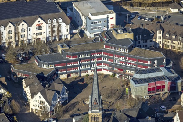 Aerial view, Lennestadt town hall and Thomas-Morus-Platz, spire of St. Agatha church, Altenhundem, Lennestadt, Sauerland, North Rhine-Westphalia, Germany, place of worship, authority, DE, Europe, religious community, place of worship, holy place, church, parish, denomination, aerial view, aerial photography, aerial photography, town hall, religion, religious site, city administration, overview, bird's eye view, birds-eyes view, overview