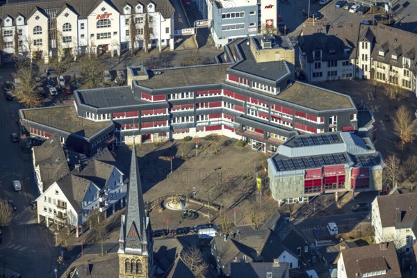 Aerial view, Lennestadt town hall and Thomas-Morus-Platz, spire of St. Agatha church, Altenhundem, Lennestadt, Sauerland, North Rhine-Westphalia, Germany, place of worship, authority, DE, Europe, religious community, place of worship, holy place, church, parish, denomination, aerial view, aerial photography, aerial photography, town hall, religion, religious site, city administration, overview, bird's eye view, birds-eyes view, overview