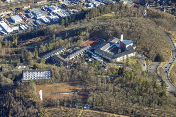 Aerial view, monastery church, Gymnasium Maria Königin, Altenhundem, Lennestadt, Sauerland, North Rhine-Westphalia, Germany, place of worship, education, educational institution, DE, Europe, religious community, place of worship, grammar school, holy place, church, parish, denomination, educational institute, aerial photograph, aerial photography, aerial photography, religion, religious site, school, overview, bird's-eye view, overview