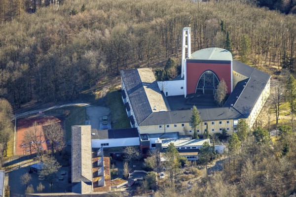 Aerial view, monastery church, Gymnasium Maria Königin, Altenhundem, Lennestadt, Sauerland, North Rhine-Westphalia, Germany, place of worship, DE, Europe, religious community, place of worship, holy place, church, parish, denomination, aerial photograph, aerial photography, aerial photography, religion, religious site, overview, bird's-eye view, bird's-eye view, overview
