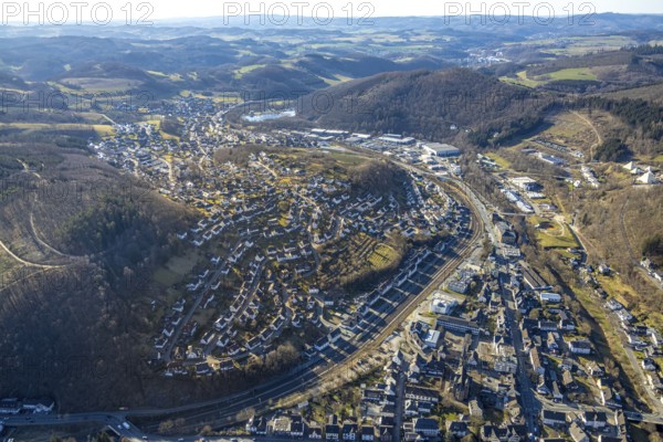 Aerial view, residential area on a slope, hilly landscape, railway line, Meggen, Lennestadt, Sauerland, North Rhine-Westphalia, Germany, DE, Europe, property tax, real estate, aerial view, aerial photography, aerial photography, overview, bird's-eye view, residential complex, housing and living, residential area, residential quality, residential neighbourhood, housing estate, residential area, birds-eyes view, overview
