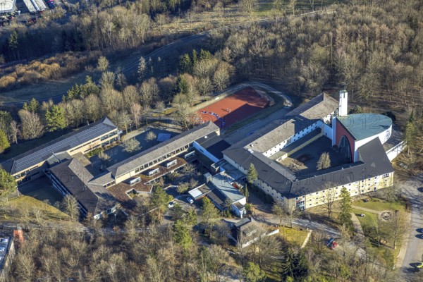 Aerial view, monastery church, Gymnasium Maria Königin, Altenhundem, Lennestadt, Sauerland, North Rhine-Westphalia, Germany, place of worship, education, educational institution, DE, Europe, religious community, place of worship, grammar school, holy place, church, parish, denomination, educational institute, aerial photograph, aerial photography, aerial photography, religion, religious site, school, overview, bird's-eye view, overview