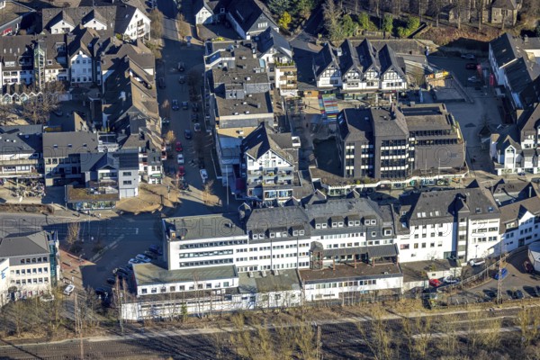 Aerial view, shopping centre Postweg, federal road B517, city with market place, Altenhundem, Lennestadt, Sauerland, North Rhine-Westphalia, Germany, DE, shopping centre, shopping markets, shopping place, shopping centre, Europe, aerial view, aerial photography, aerial photography, local supply centre, shopping centre, supermarket, overview, bird's-eye view, overview