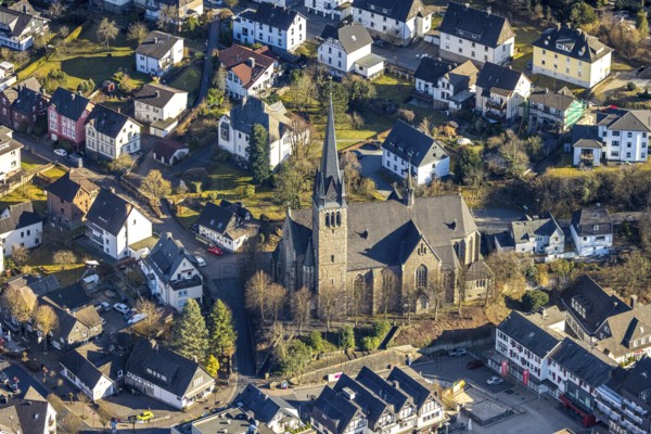 Aerial view, Protestant Church of St. Agatha Altenhundem-Meggen, Meggen, Lennestadt, Sauerland, North Rhine-Westphalia, Germany, place of worship, DE, Europe, religious community, place of worship, holy place, church, parish, denomination, aerial view, aerial photography, aerial photography, religion, religious site, overview, bird's-eye view, overview