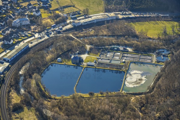 Aerial view, sewage treatment plant Maumke at the federal road B236, Bonzel, Lennestadt, Sauerland, North Rhine-Westphalia, Germany, DE, Europe, sewage treatment plant, aerial view, aerial photography, aerial photography, overview, bird's-eye view, overview