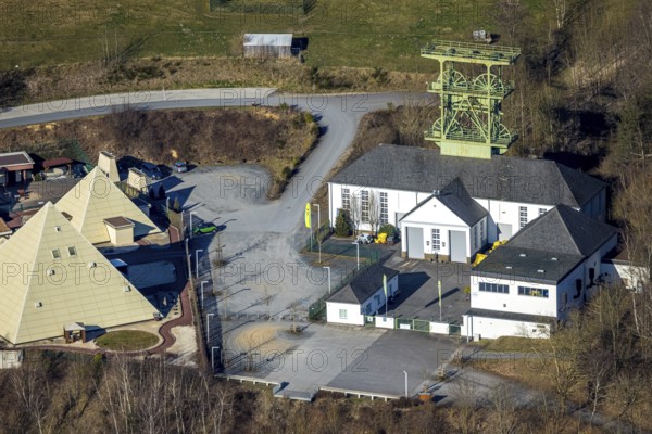 Aerial view, Galileo Park, Sauerland Pyramids, Mining Museum Siciliaschacht with winding tower, Meggen, Lennestadt, Sauerland, North Rhine-Westphalia, Germany, DE, Europe, aerial view, aerial photography, aerial photography, school, sight, tower, overview, bird's-eye view, overview