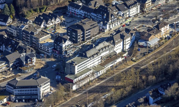Aerial view, shopping centre Postweg, federal road B517, city with market place, Altenhundem, Lennestadt, Sauerland, North Rhine-Westphalia, Germany, DE, shopping centre, shopping markets, shopping place, shopping centre, Europe, aerial view, aerial photography, aerial photography, local supply centre, shopping centre, supermarket, overview, bird's-eye view, overview